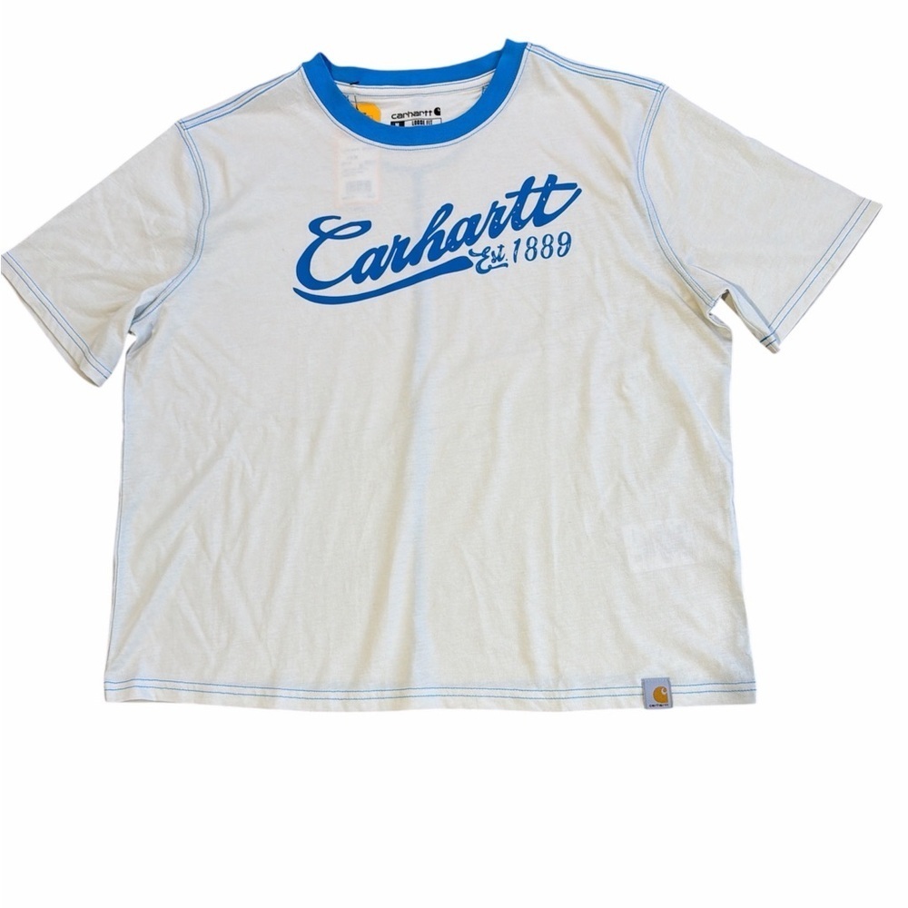 Carhartt Women’s Cream Tee with Blue Logo Loose fit - Picture 2 of 7